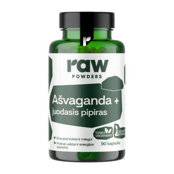 RAW POWDERS maisto papildas AŠVAGANDA + JUODASIS PIPIRAS, 90 kaps.