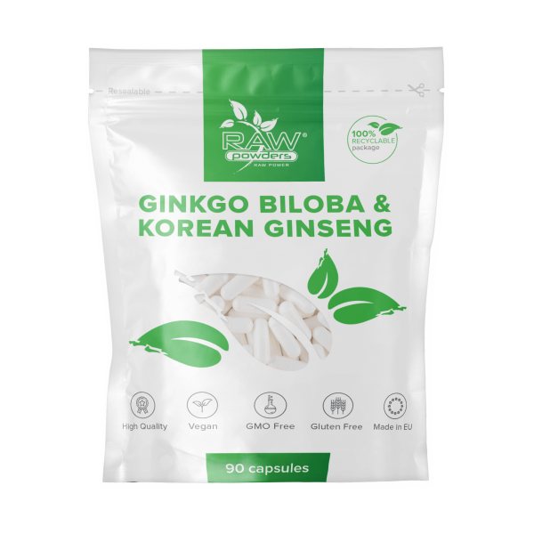 RAW POWDERS maisto papildas GINKMEDŽIO EKSTRAKTAS 3000 mg & KORĖJOS ŽENŠENIS 1000 mg, 90 kaps.