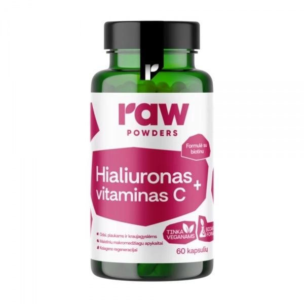 RAW POWDERS maisto papildas HIALURONAS + VITAMINAS C, 60 kaps.