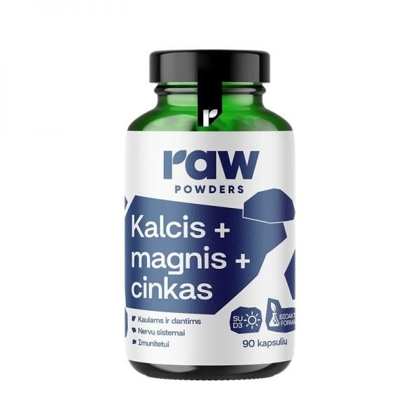 RAW POWDERS maisto papildas KALCIS + MAGNIS + CINKAS PLUS, 90 kaps.