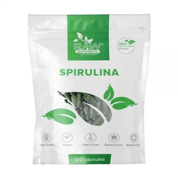 RAW POWDERS maisto papildas SPIRULINA 500 mg, 120 kaps.