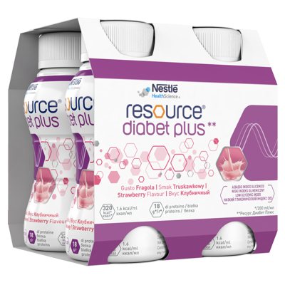 RESOURCE DIABET PLUS, Plus braškių skonio gėrimas, 4 vienetai, 200 ml
