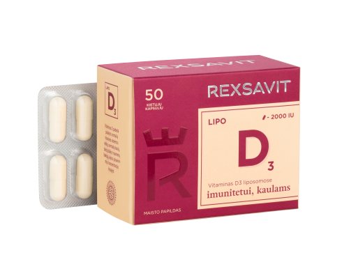 REXSAVIT liposominis vitaminas D3 2000 IU, kietosios kapsulės N50