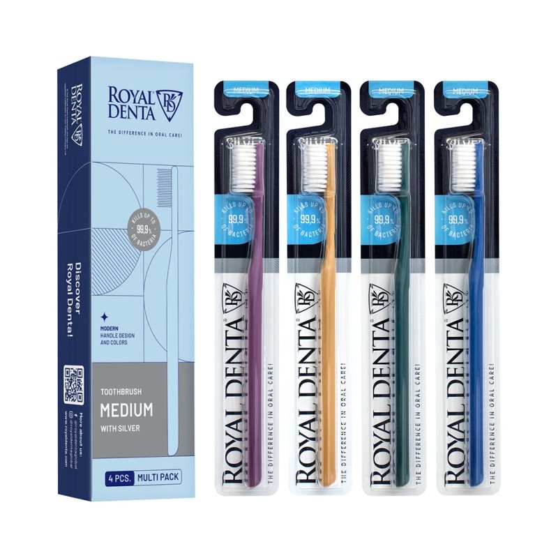 ROYAL DENTA dantų šepetėlių rinkinys SILVER MEDIUM MODERN, 4 vnt