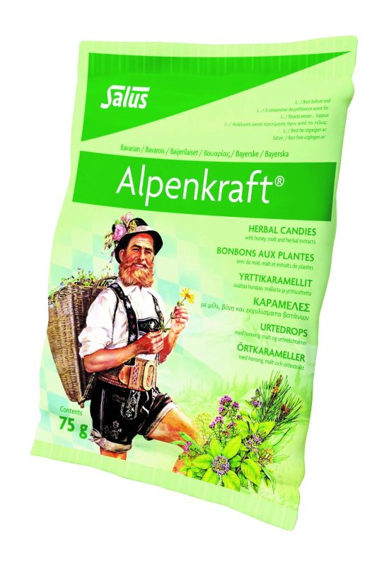 SALUS ALPENKRAFT žolelių pastilės su medumi, salyklu ir augalų ekstraktais, 75 g