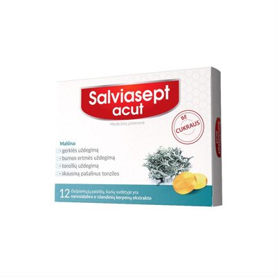SALVIASEPT ACUT, be cukraus, 12 čiulpiamųjų pastilių