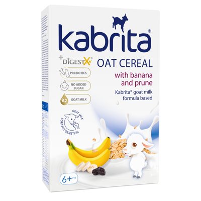 Sausa greitai ištirpinama avižų košė, pagaminta su adaptuotu pieno mišiniu Kabrita®, su bananais ir džiovintomis slyvomis – kūdikiams nuo 6 mėnesių, 180 g