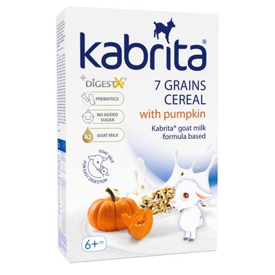 Sausa greitai ištirpinama daugiagrūdė košė, pagaminta su adaptuotu pieno mišiniu Kabrita®, su moliūgais – kūdikiams nuo 6 mėnesių, 180 g