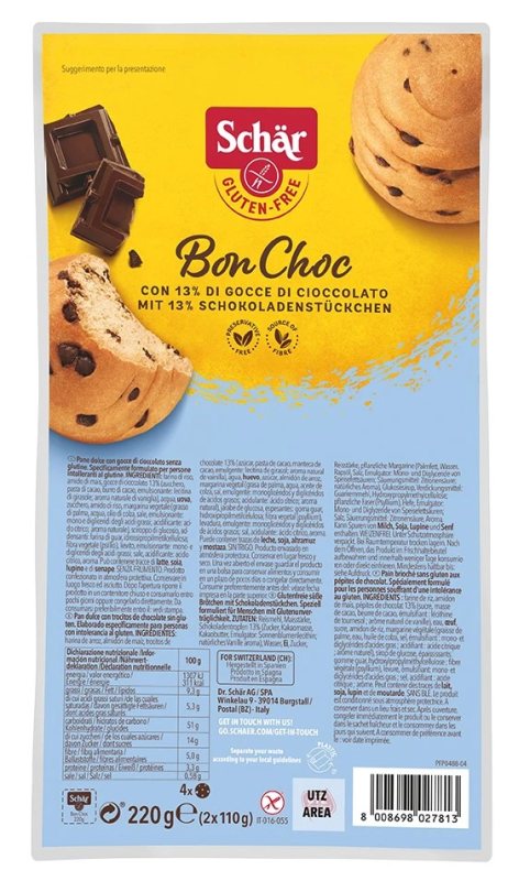 Schär BON CHOC - bandelės su šokolado gabaliukais be glitimo, 220 g