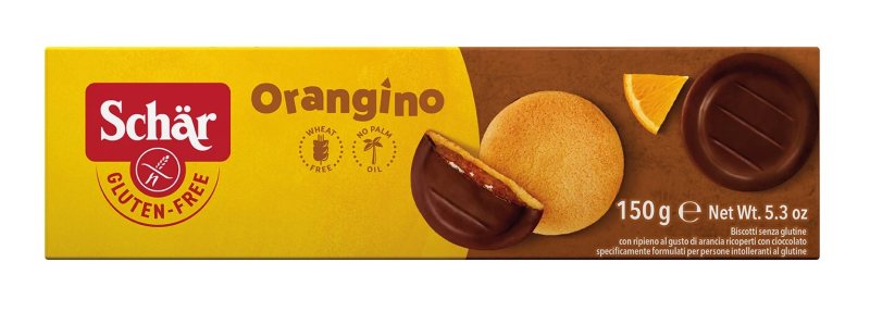 Schär ORANGINO – sausainiai su apelsinų skonio įdaru be glitimo, 150 g