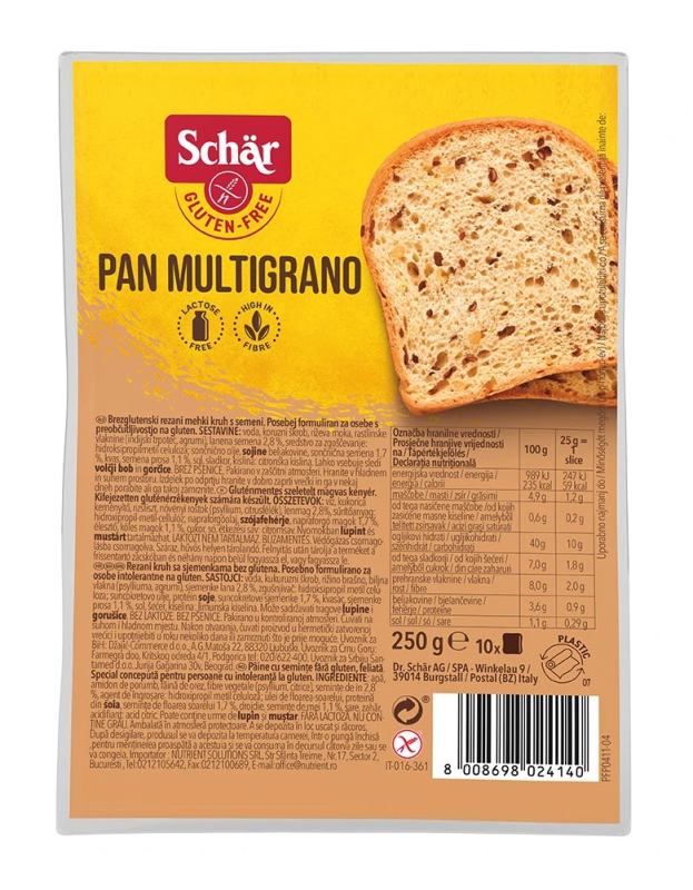 Schär PAN MULTIGRANO – raikyta duona su grūdais be glitimo, 250 g