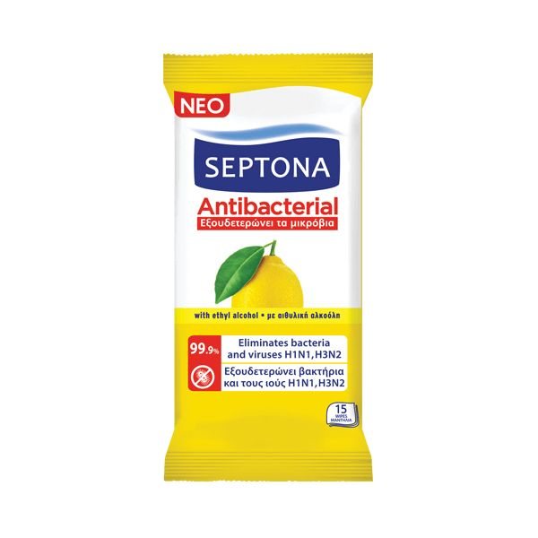 SEPTONA drėgnos antibakterinės servetėlės, citrinų kvapo, 15 vnt