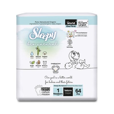 SLEEPY “Bio Natural” sauskelnės, 1 Naujagimiams (2- / 64 Vnt.), 5 kg