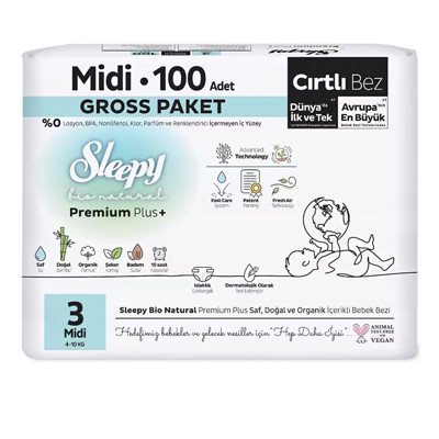 SLEEPY “Bio Natural” sauskelnės, 3 dydis, (4-. / 100 vnt. ), 9 kg