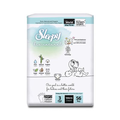 SLEEPY “Bio Natural” sauskelnės, 3 Midi (4- / 56 Vnt.), 9 kg