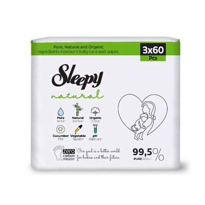 Sleepy “Natural” drėgnos servetėlės, 3 x 60 vnt