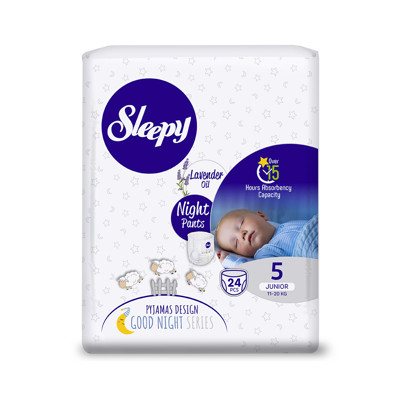 SLEEPY “Night” sauskelnės-kelnaitės, su levandų aliejumi, 5 Junior (11- / 24 Vnt.), 20 kg