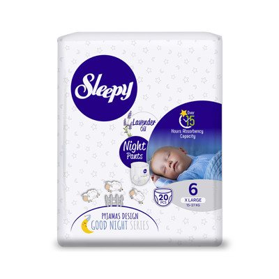 SLEEPY “Night” sauskelnės-kelnaitės, su levandų aliejumi, 6 XLarge (15- / 20 Vnt.), 27 kg