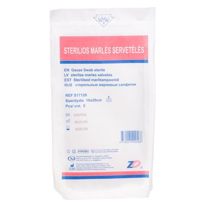 Sterilios marlinės servetėlės, 8 sluoksnių, 5 vnt., 10 x 20 cm