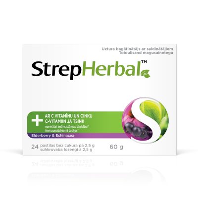Strepherbal kramtomosios pastilės imuniteto stiprinimui su saldikliais ELDERBERRY & ECHINACEA, propolis su vitaminu C ir cinku N24