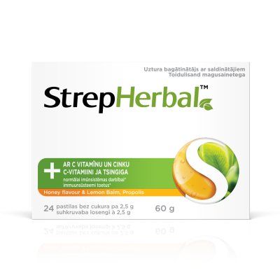Strepherbal kramtomosios pastilės imuniteto stiprinimui su saldikliais HONEY FLAVOUR & LEMON BALM, propolis su vitaminu C ir cinku N24