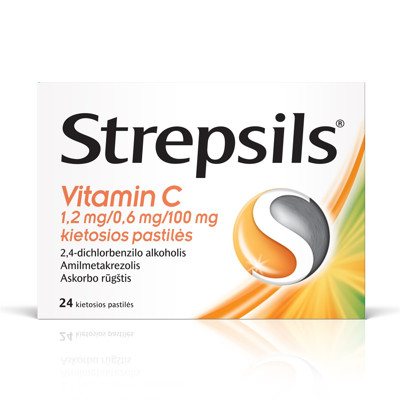 STREPSILS VITAMIN C, 1,2 mg/0,6 mg/100 mg, kietosios pastilės, N24