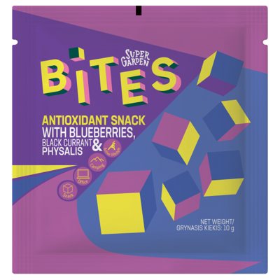 SUPERGARDEN BITES ANTIOKSIDANTINIS UŽKANDIS su liofilizuotomis mėlynėmis, juod.serbentais, 10 g