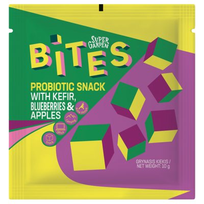 SUPERGARDEN BITES PROBIOTINIS UŽKANDIS su liofilizuotu kefyru, mėlynėmis ir obuoliais, 10 g