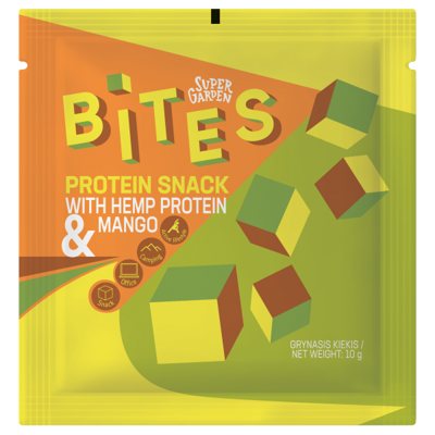 SUPERGARDEN BITES PROTEIN liofilizuoti su kanapių baltymais ir mangu, 10 g