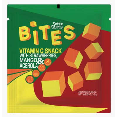 SUPERGARDEN BITES VITAMIN C SNACK liofilizuotos braškės, mangai ir acerol, 10 g