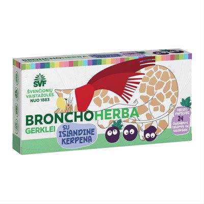 ŠVENČIONIŲ VAISTAŽOLĖS BRONCHOHERBA, gerklei čiulpiamos tabletės vaikams, 24 tabletės
