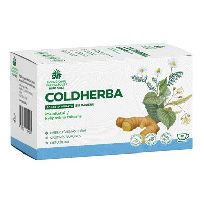 ŠVENČIONIŲ VAISTAŽOLĖS COLDHERBA, žolelių arbata su imbieru, kvėpavimo takams, imunitetui, x 20, 2 g