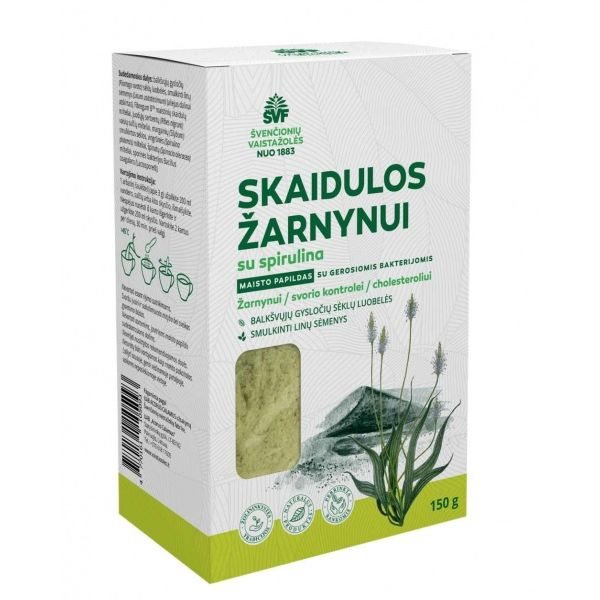 ŠVENČIONIŲ VAISTAŽOLĖS maisto papildas skaidulos su spirulina ŽARNYNUI, 150 g