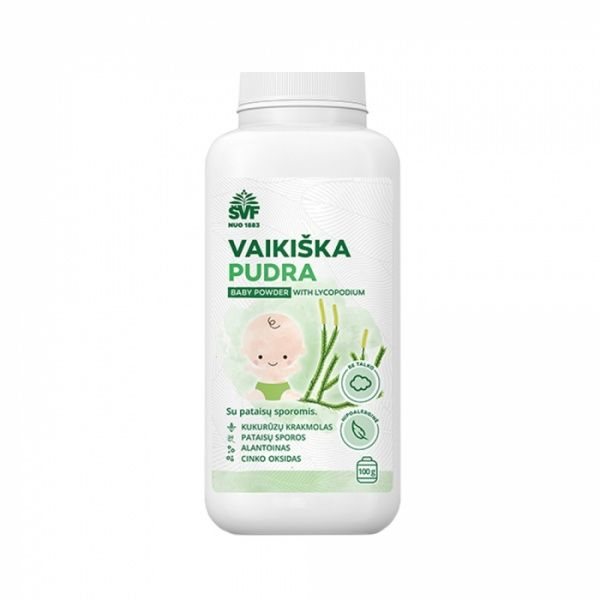 ŠVENČIONIŲ VAISTAŽOLĖS vaikiška pudra su pataisų sporomis, 100 g