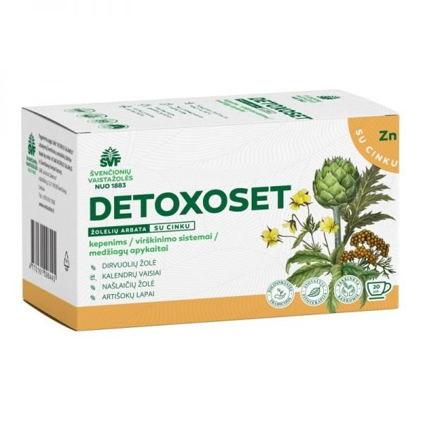 ŠVENČIONIŲ VAISTAŽOLĖS virškinimui, kepenims, medžiagų apykaitai DETOXOSET, žolelių arbata, x 20 vnt., 2 g