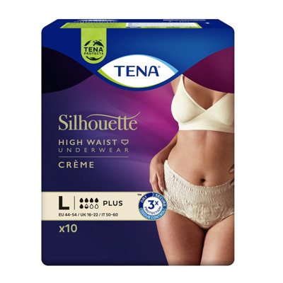 TENA SILHOUETTE CREME PLUS, kreminės spalvos kelnaitės šlapimo nelaikymui, L dydis, 10 vnt