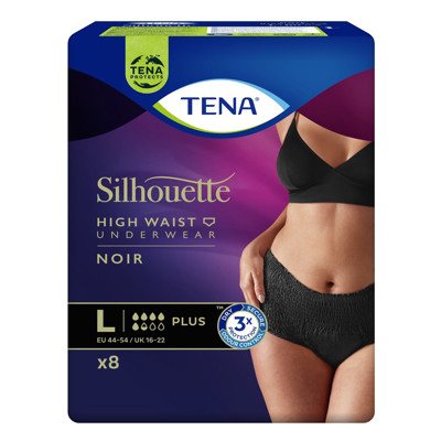 TENA SILHOUETTE NOIR PLUS, juodos kelnaitės šlapimo nelaikymui, L dydis, 8 vnt