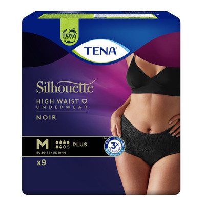 TENA SILHOUETTE NOIR PLUS, juodos kelnaitės šlapimo nelaikymui, M dydis, 9 vnt