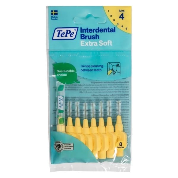 TEPE tarpdančių šepetėliai, labai minkšti, geltoni, 8 vnt., 0.7 mm