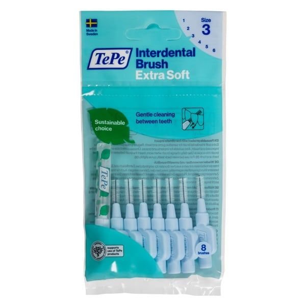 TEPE tarpdančių šepetėliai, labai minkšti, mėlyni, 8 vnt., 0.6 mm