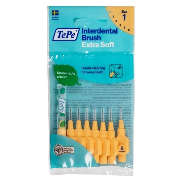 TEPE tarpdančių šepetėliai, labai minkšti, oranžiniai, 8 vnt., 0.45 mm