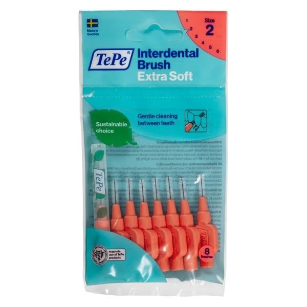 TEPE tarpdančių šepetėliai, labai minkšti, raudoni, 8 vnt., 0.5 mm