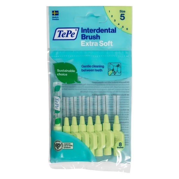 TEPE tarpdančių šepetėliai, labai minkšti, žali, 8 vnt., 0.8 mm