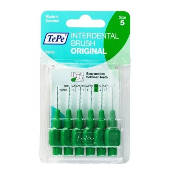 TEPE tarpdančių šepetėliai, žali, 6 vnt., 0.8 mm