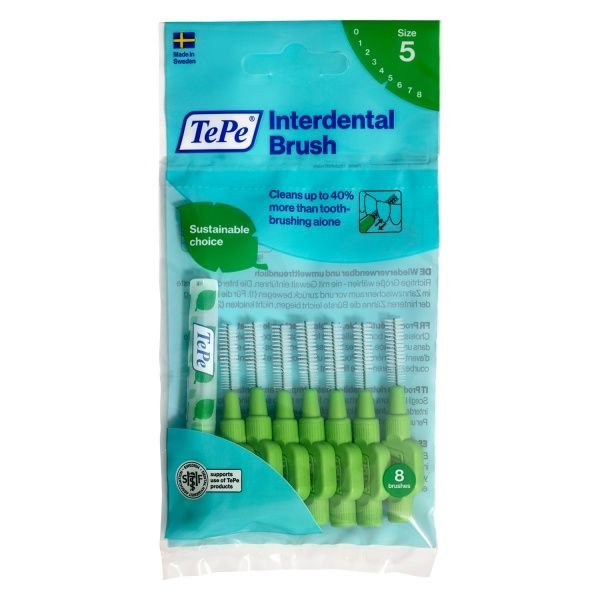 TEPE tarpdančių šepetėliai, žali, 8 vnt., 0.8 mm