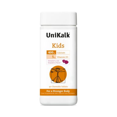 UniKalk aviečių ir braškių skonio kapsulės KIDS CALCIUM + D, N90