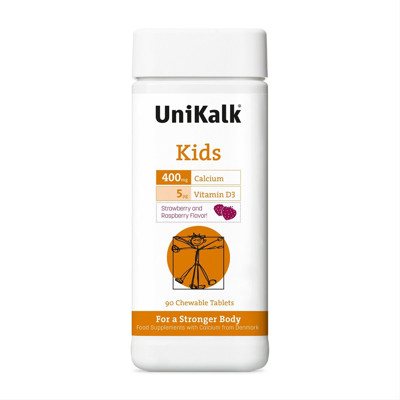 UNIKALK CALCIUM KIDS, su vitaminu D, aviečių ir braškių skonio, 90 tablečių
