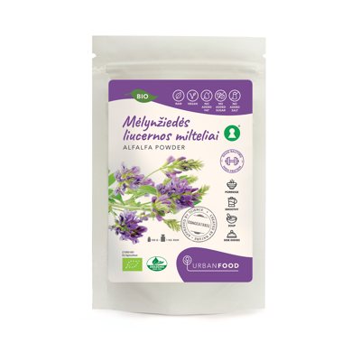 URBAN FOOD milteliai MĖLYNŽIEDĖS LIUCERNOS MILTELIAI - EKOLOGIŠKI, 100 g