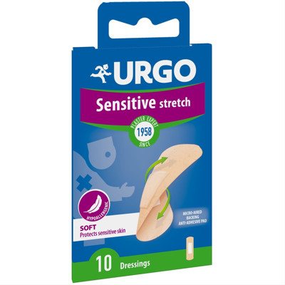 URGO SENSITIVE STRETCH ANTISEPTIC, tamprus pleistras, 10 vnt., 2.0 x 7.2 cm