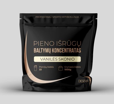 Vanilės skonio pieno išrūgų baltymų koncentrato milteliai su saldikliu, 1000 g